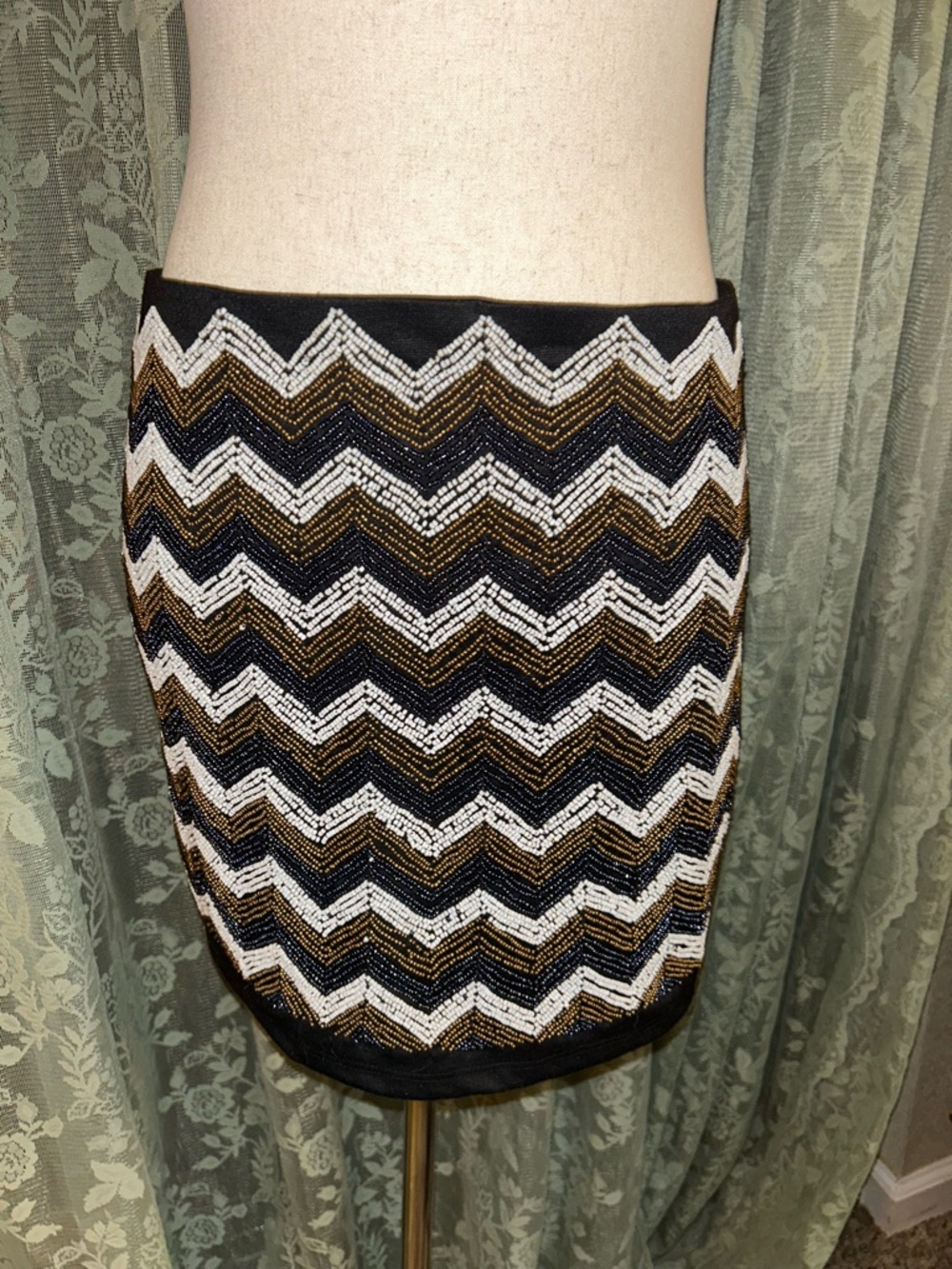 Vintage Forever 21 Black, White & Gold Beaded Chevron Mini Skirt